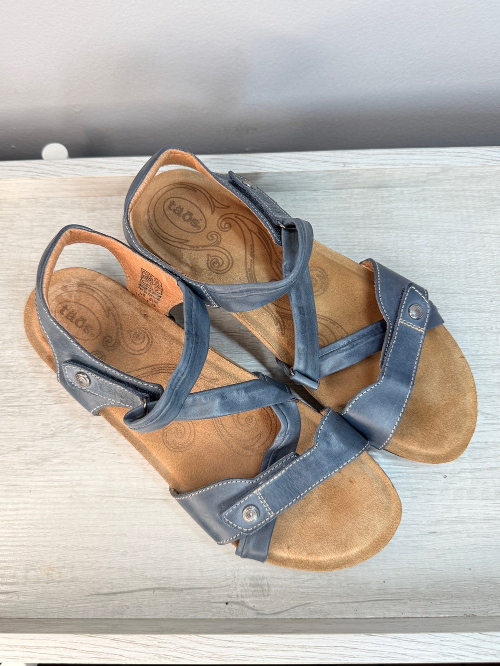 Taos Footwear Blue Leather Strappy Wedge Sandals - Picture 13 of 14